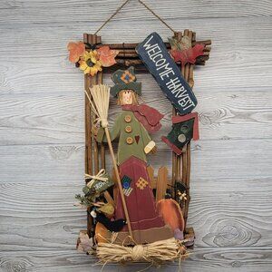 Welcome Harvest Fall Scarecrow Wall Hanging Decor‎ Crow Bird House Pumpkin READ